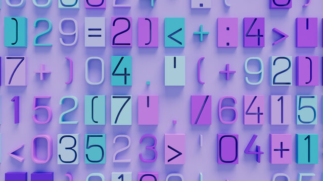 Vibrant Abstract Composition of Mathematical Symbols, Numbers, and Operators in Random Arrangement on Purple Background for Educational and Digital Design Applications