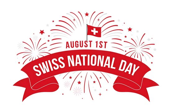 Swiss National Day Celebration August 1: Mountains, Flag, Alphorn, Goat, Edelweiss Illustration, Swiss National Day Celebration 1 August Typography