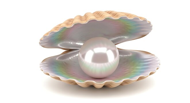 Lustrous White Pearl Resting Inside Open Iridescent Seashell on White Background