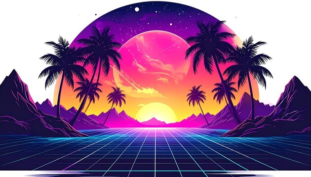 A vibrant synthwave scene featuring silhouetted palm trees, mountains, a retro grid, and a bright sunset over water