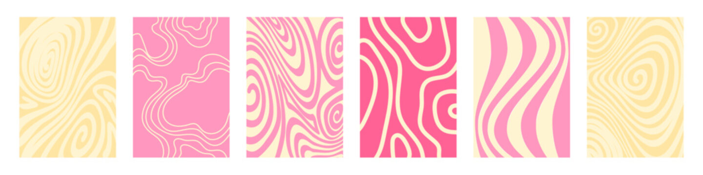 Psychedelic wavy patterns, groovy retro swirls and spiral lines. Abstract vector backgrounds with hypnotic curves and trippy optical illusions, distorted geometric stripe bg, crazy contemporary poster