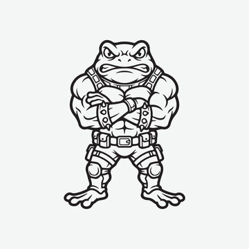 Muscular frog warrior with crossed arms vector line art illustration.