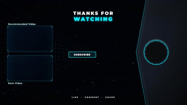 Futuristic neon blue end screen for video content with space background and social media buttons.