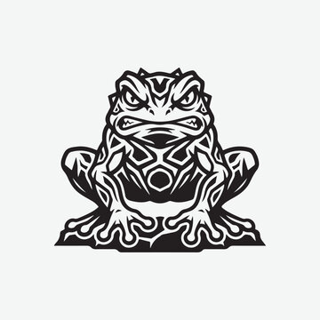 Angry tribal frog sitting with abstract pattern vector line art.