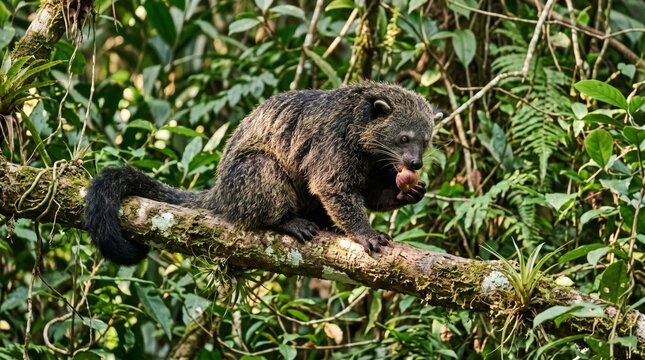 a binturong (arctictis binturong) sitting on a branch and eating a fruit in a rainforest