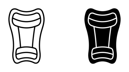 Shin Pad Icon Set: A clean vector graphic displaying a shin pad in both outline and silhouette forms, representing sports equipment and protection. © Murshida