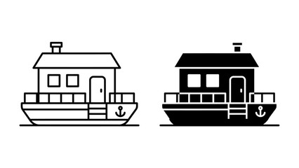 Houseboat Icon Set: A set of minimalist houseboat icons in both outline and solid fill, depicting a charming floating home with a small chimney and deck, perfect for travel or nautical themes. © Joynob