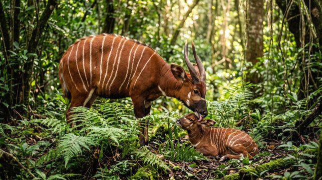 a bongo antelope (tragelaphus eurycerus) mother grooming her calf in a lush green forest
