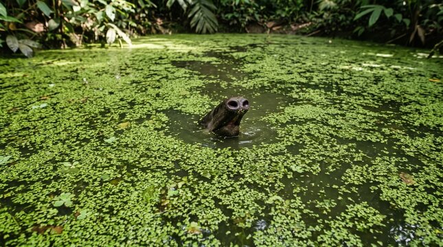 a baird's tapir (tapirus bairdii) swimming in a pond covered with green duckweed in a jungle
