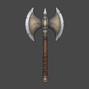 Ornate double headed medieval axe vector weapon with gold engravings