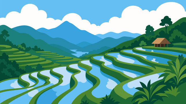 Terraced rice paddies vector landscape with mirrored sky water, emerald stepped hills, distant blue mountains, tropical valley, village hut and serene rural agriculture travel scenery