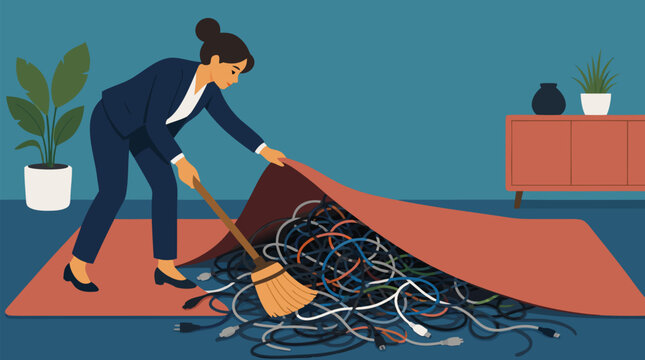 Businesswoman sweeping a growing pile of tangled cables under a rug, flat vector office metaphor for hidden technical debt, messy systems, workplace risk and corporate cleanup strategy