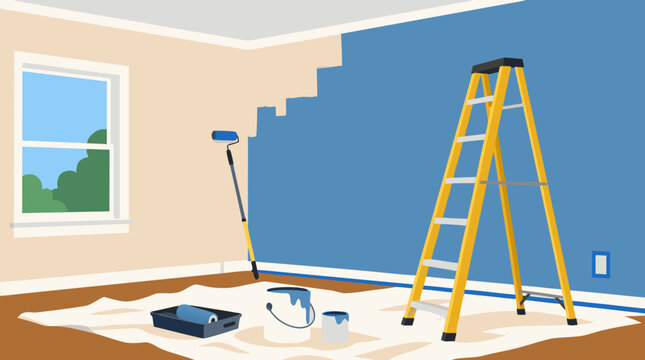 Bright home renovation interior with blue wall painting, yellow ladder, paint rollers, buckets and drop cloths, modern DIY remodeling scene for improvement, decorating and contractor service concepts