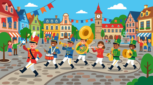 Festive cartoon marching band parading through a colorful European town square, cheerful musicians, flags, shops, fountain, families, cobblestone street, vibrant community celebration vector art