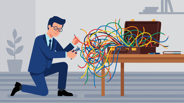 Businessman kneeling to defuse tangled colored wires bursting from an open briefcase, vector concept of crisis management, complex problem solving, risk control and corporate troubleshooting