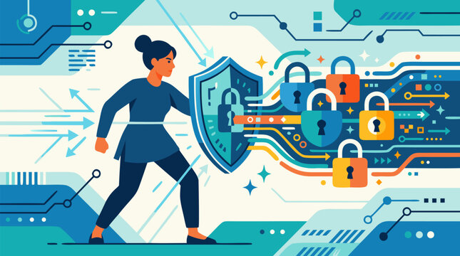 Woman holding shield protects floating padlocks and flowing data streams in cybersecurity vector scene, digital privacy defense, secure network protection, encryption and online safety concept
