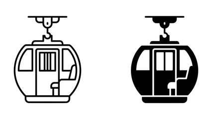 Cable Car Icons: Two stylized icons depicting a cable car, one in outline and the other in solid silhouette, representing aerial transport. © Md