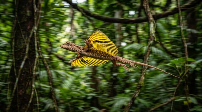 a flying dragon (draco volans) gliding through the air in a lush green rainforest
