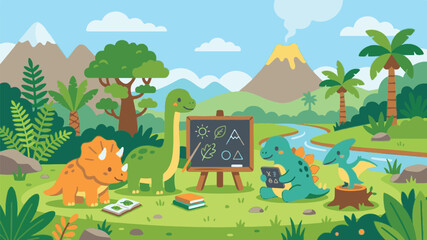 Naklejka premium Dinosaurs teach geometry in a prehistoric landscape with volcanoes and trees
