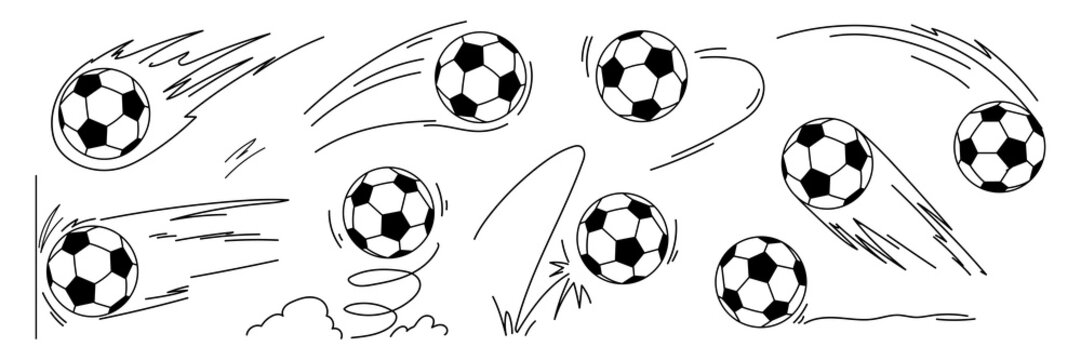Hand drawn soccer ball bouncing icons with dynamic motion lines, speed trails. Doodle sports illustration with energetic jump movement, spin pitch effect and shoot trajectory in sketch style