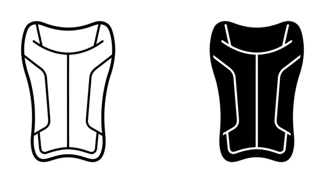 Soccer Shin Guard Icon: A minimalist illustration depicting a soccer shin guard in both outline and solid black form, representing protective athletic gear.