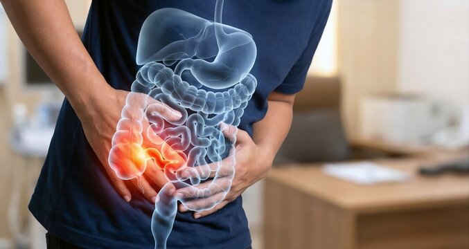 Person holding lower right abdomen with anatomical digestive system overlay highlighting inflamed appendix and acute appendicitis