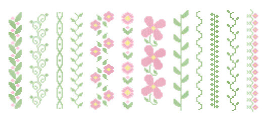 Obraz premium Cross stitch floral border with embroidery pattern, seamless pixel art design. Vector botanical folk motif, pink spring flowers and green leaves on white background. Abstract geometric frame elements