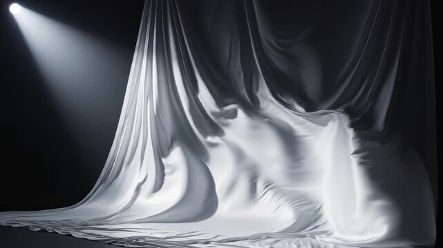 AI generated 4k medium shot of white satin fabric drapery in dramatic spotlight.
