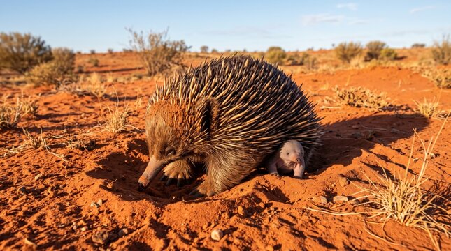 a short-beaked echidna (tachyglossus aculeatus) with its baby digging in red desert sand