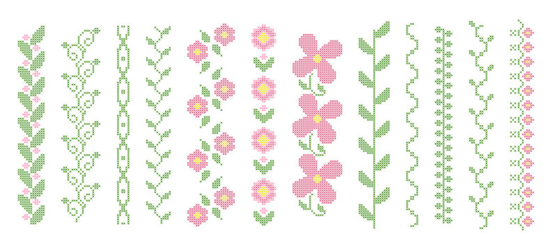 Cross stitch floral border with embroidery pattern, seamless pixel art design. Vector botanical folk motif, pink spring flowers and green leaves on white background. Abstract geometric frame elements