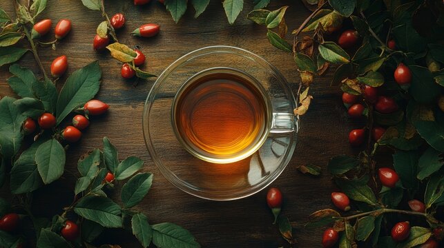 Overhead view of a cup of rosehip tea surrounded by fresh rosehips on a wooden surface.