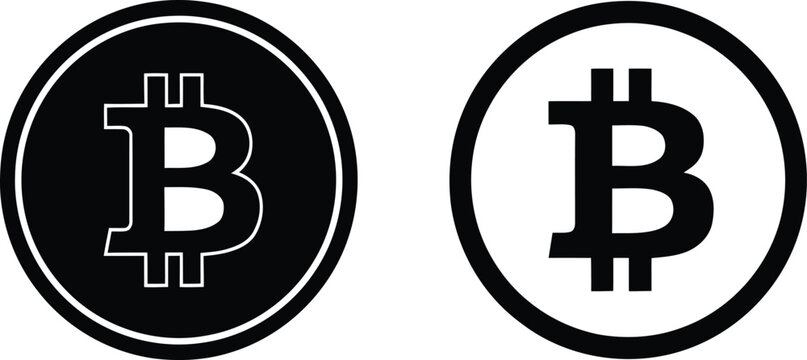 Bitcoin crypto currency logo black symbol on transparent background vector illustration two styles.