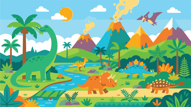 Prehistoric dinosaurs roam freely in a lush, tropical landscape with volcanoes.