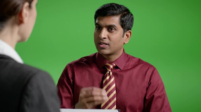 Indian businessman explaining with hand gestures during professional meeting against green screen