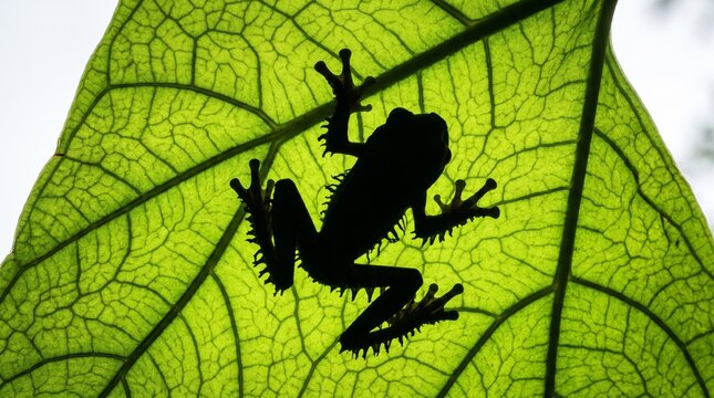 silhouette of a wild frog (anura) sitting on a green translucent leaf seen from below