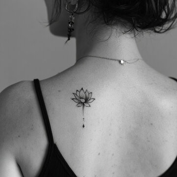Minimalist black ink lotus flower tattoo on woman upper back