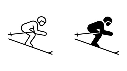 Skiing Icon Set: A graphic representation of a skier in action, depicted in both outline and silhouette, showcasing the dynamic movement of the sport. © Ahsan