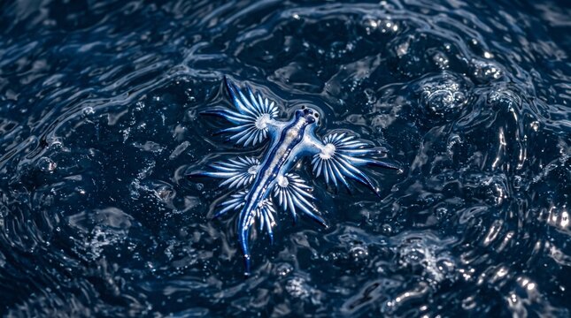 macro shot of a blue dragon (glaucus atlanticus) floating on the surface of dark ocean water