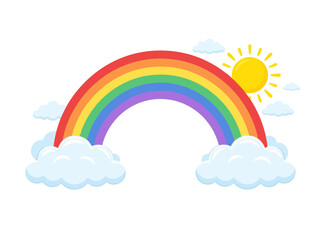 Obraz premium A colorful rainbow arching over fluffy white clouds with a bright yellow sun.