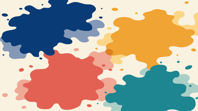 Colorful abstract spilled ink blots bleeding softly across warm cream paper, organic splash shapes in navy, coral, teal and golden yellow for modern vector backgrounds and design projects