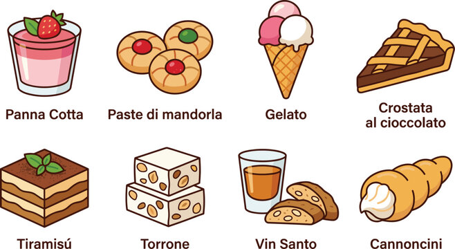 Traditional Italian dessert vector icon set featuring panna cotta tiramisu gelato crostata torrone cannoncini vin santo and paste di mandorla.