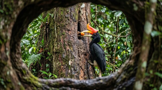 a rhinoceros hornbill (buceros rhinoceros) feeding a fruit into a tree hole nest in a jungle