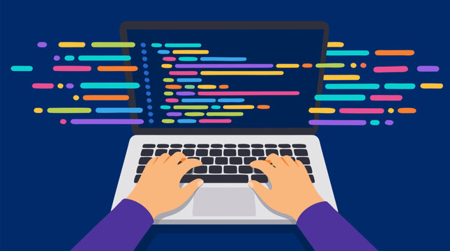 Hands typing on a laptop as colorful streams of programming code flow from the screen, modern software development vector illustration for web design, cybersecurity, AI and digital innovation
