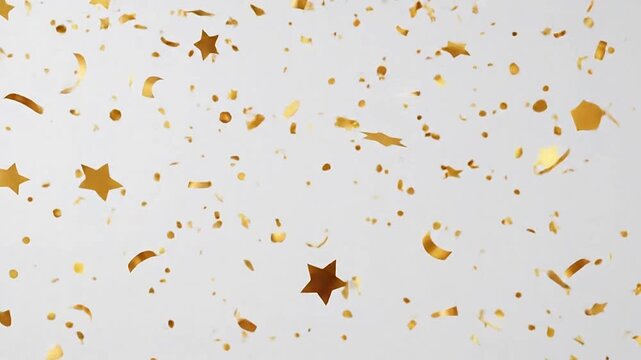 Shiny gold confetti falling against a clean white background surface