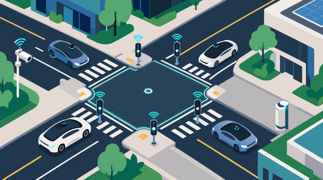 Sleek autonomous electric cars wait politely at a glowing smart city intersection with connected traffic signals, crosswalk sensors, urban greenery and futuristic mobility infrastructure