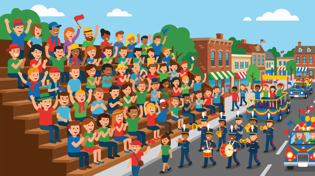 Cheerful hometown parade crowd on wooden bleachers, colorful vector scene with families cheering, marching band, festive floats, small town storefronts and sunny community celebration