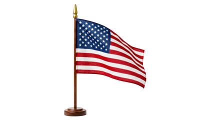 Obraz premium Waving american flag on a wooden desk pole isolated on transparent background
