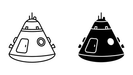 Space Capsule Iconography: A minimalist representation of a spacecraft capsule, shown in both outline and solid black versions, symbolizing exploration and technological advancement. © Md
