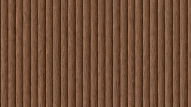 Natural wooden slats standing in a vertical pattern forming a repetitive corrugated wall surface texture with warm brown tones for interior room cladding