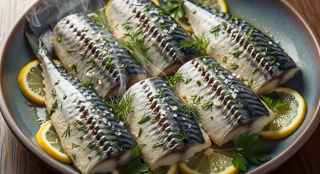 Fresh Mackerel Fillets Garnished with Lemon and Dill on Ceramic Plate